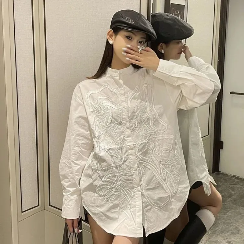 

Women's Chinese Style Stand Collar Long Sleeve Shirt Oversized 3D Embroidery Retro White Blouse Vintage Inner Top S-XXL