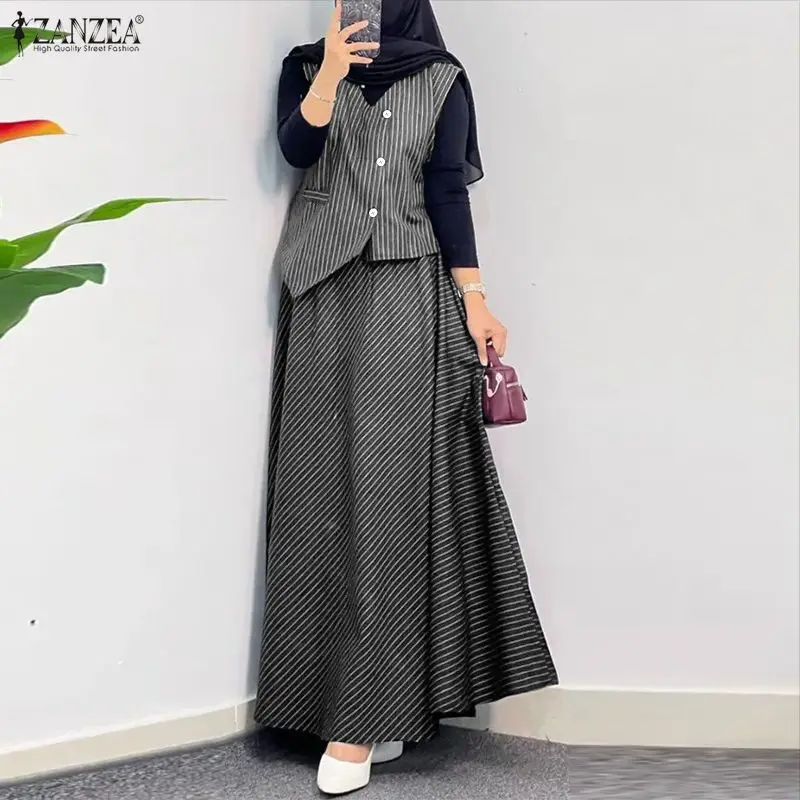 ZANZEA Muslim Women's Striped Skirt Suits Asymmetric Hem Sleeveless Top & A-Line Long Skirt 2 Pieces Sets Islamic Hijabs Outfits