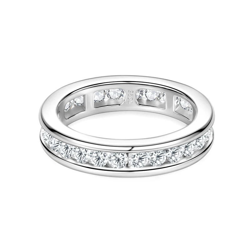 RAPRGOLD Echte S925 Zilveren Groef Ingelegd met D VVS1 Ronde Moissanite Ring voor Vrouwen Mode Trouwring met GRA Eternity Band