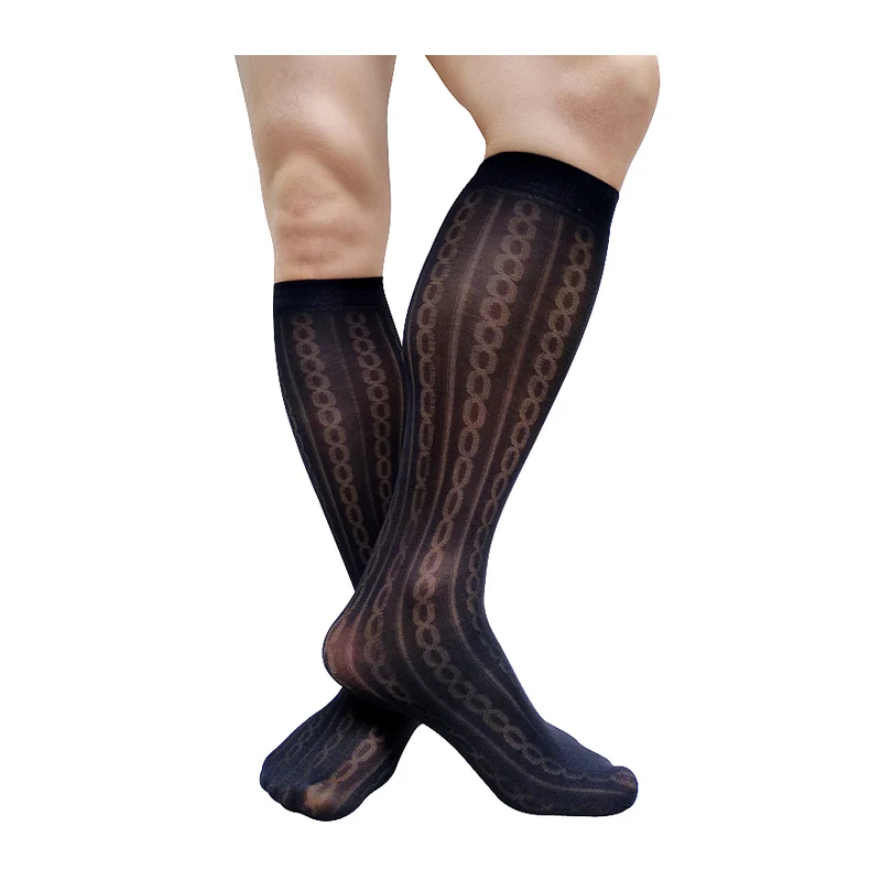 Striped See Through Mens Sheer Thin Socks Formal Dress Suit Male Business Socks Long Tube Black Fashion Gentlemen Stocking