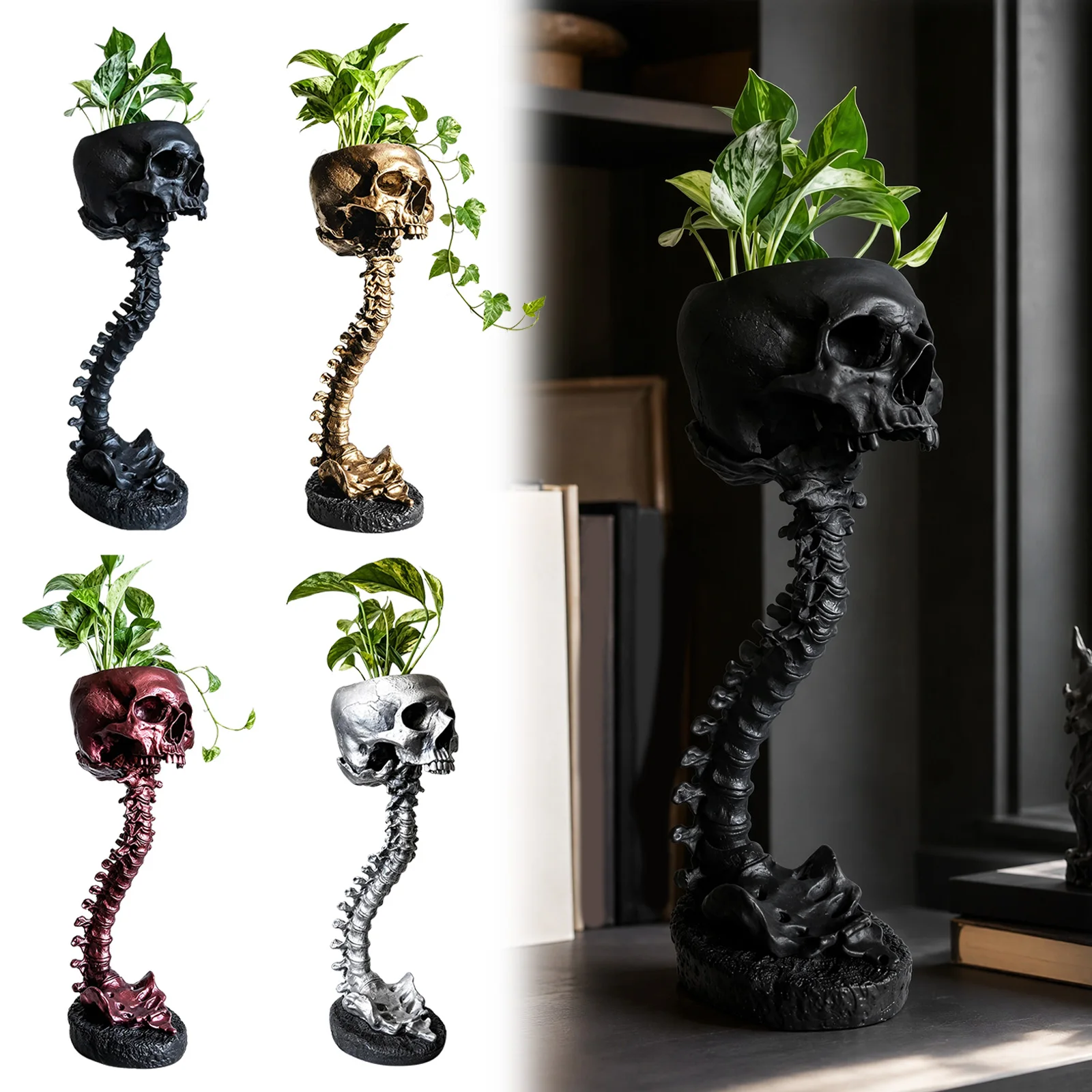 Skull Planter Resin Gothic Spine Stand Set Succulent Pot Halloween Home Garden Art Decoration