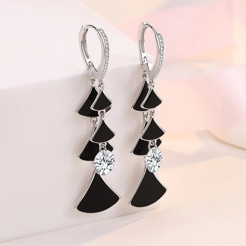 KOFSAC Personality Black Sector Tassel Long Earrings Women Glamorous 925 Sterling Silver Party Jewelry Shining Zircon Earring