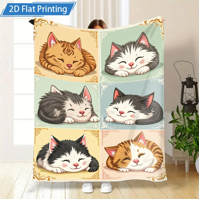 1pc Flannel Blanket Cute Sleeping Cats Print Blanket Soft Cozy Throw for Couch Bed Home Decor 2D Flat Printing