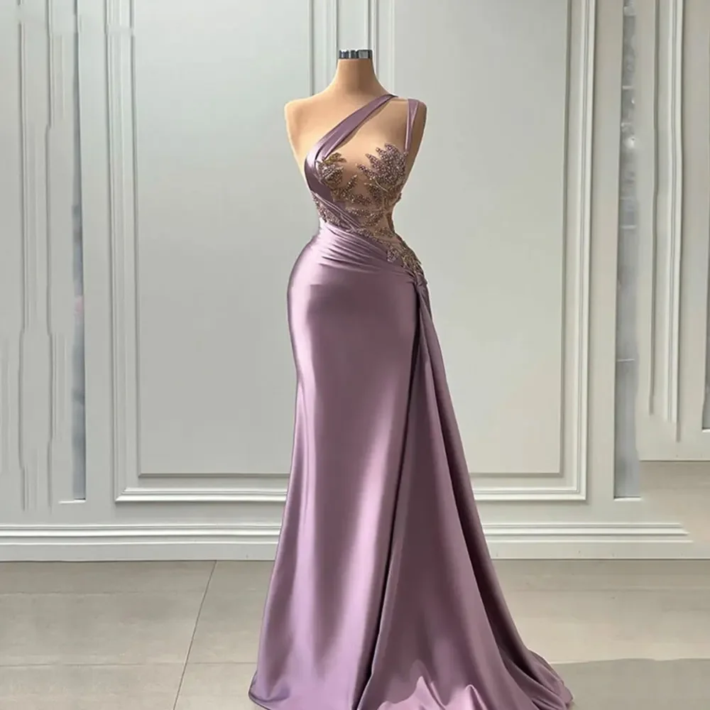 Elegant Purple One Shoulder Evening Dress Women's Mermaid Chest Waist Perspective Sexy Party Beaded Pleated Satin Floor Dress