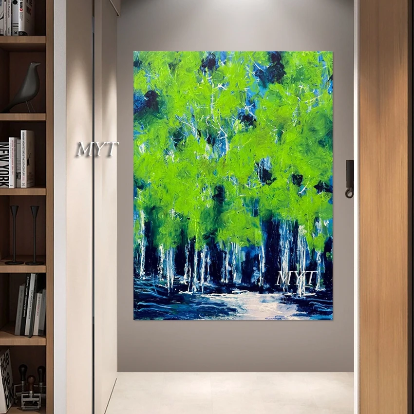 

Абстрактная современная спальная комната, украшение, картина, безрамное холст, стена, зеленое дерево, пейзаж, искусство, ручная работа, картина маслом