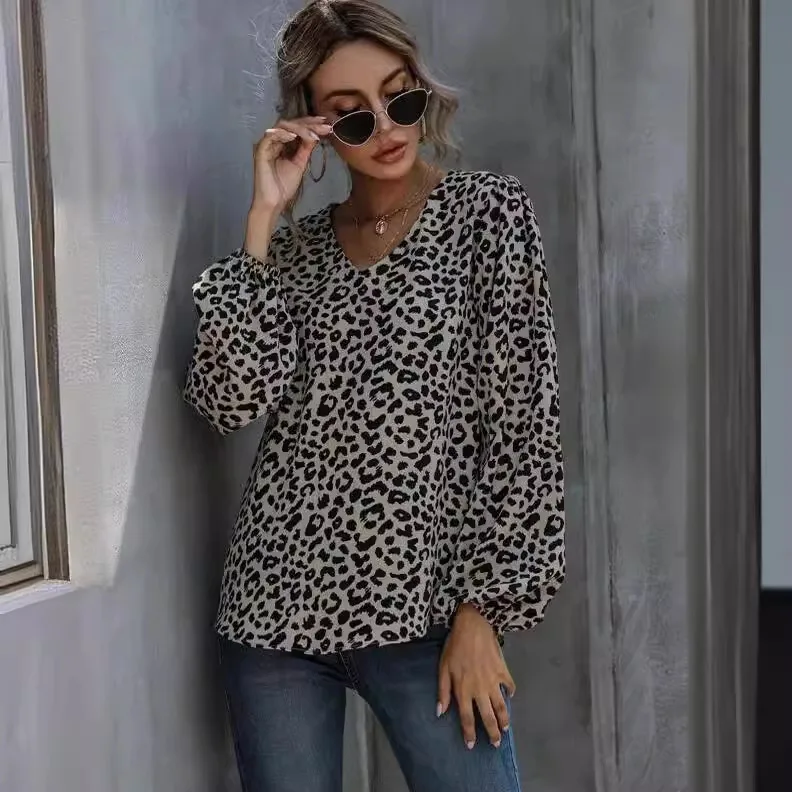 Women's Wish New Product Bubble Sleeve Leopard Pattern Casual V-neck Loose Long Sleeve Top