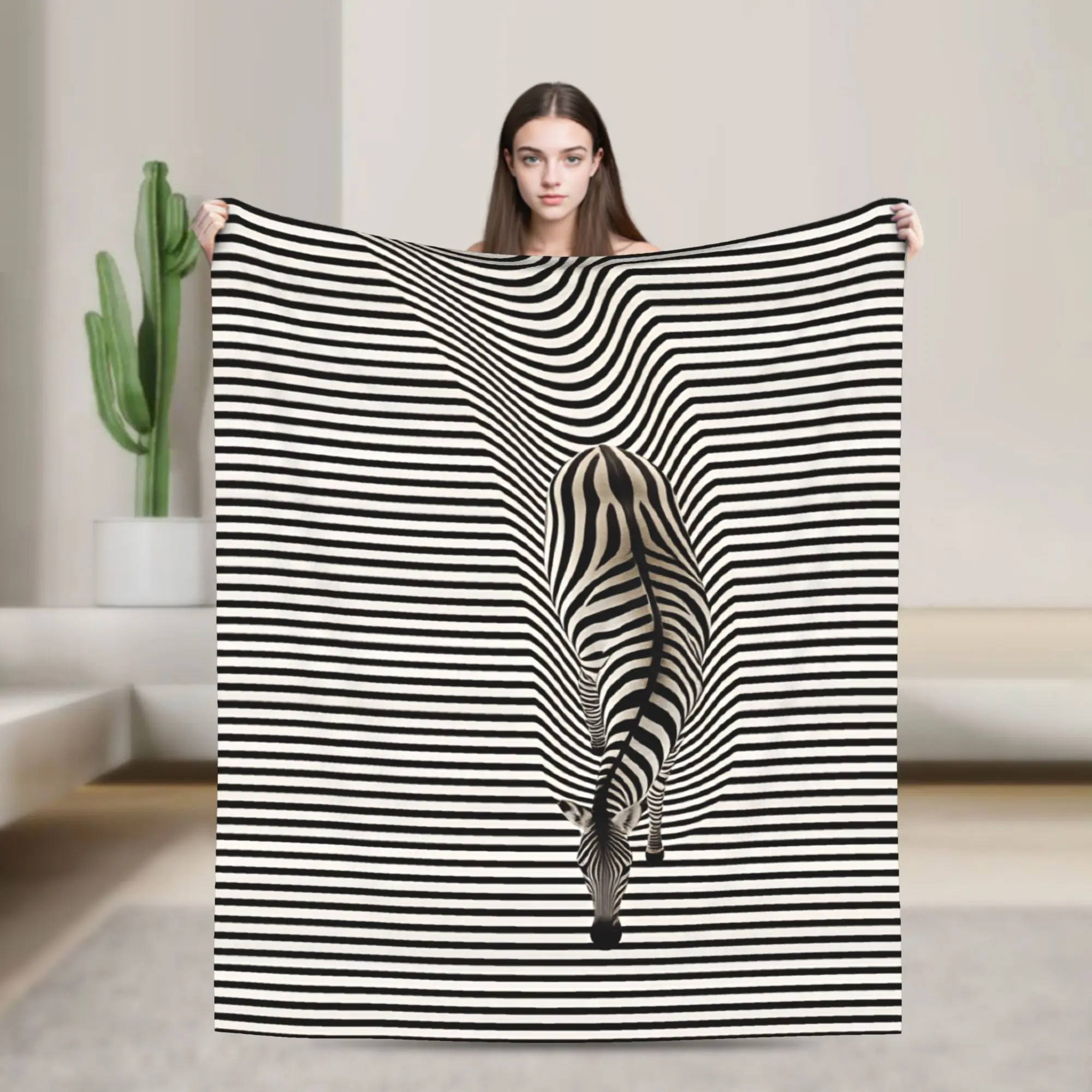 Zebra Optical Art Wavy Stripe Illustration Blanket Soft Cozy  Throw Blanket Winter Girls Outdoor Travel Car Bedspread