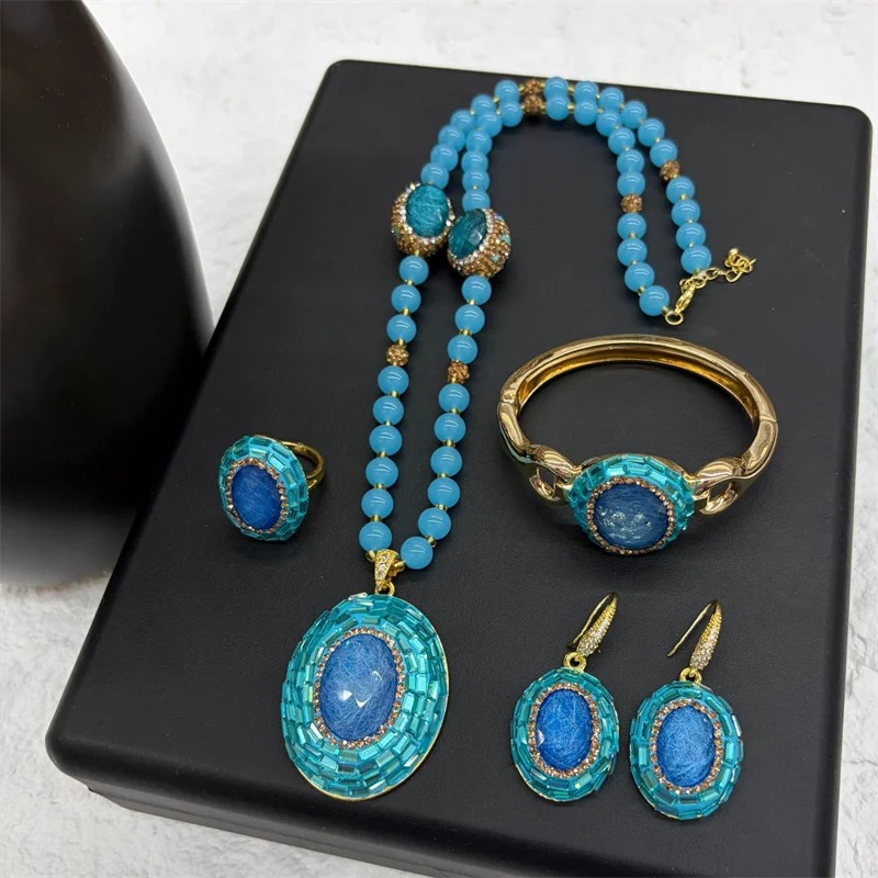 4 Pieces Jewelry Set Women Charm Crystal Multi Color Stone Necklace Earrings Bracelet Ring Bridal Wedding Party Christmas Gift