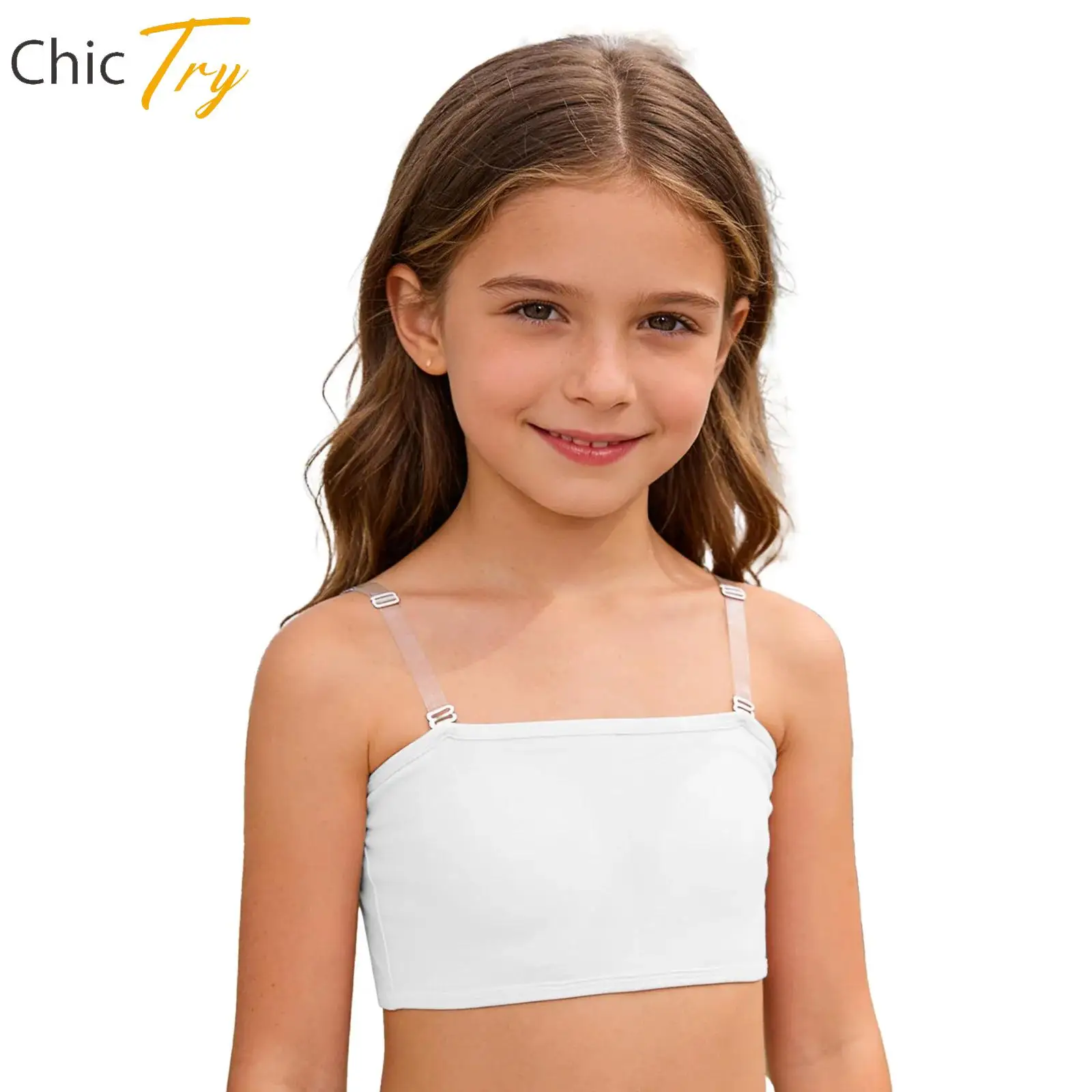 

Kids Girls Gymnastics Dance Vest Children Yoga Workout Wear Removable Chest Pads Bra with Removable Transparent Shoulder Straps