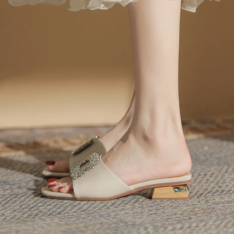 Summer Genuine Leather Slippers Women's Fashion Thick Heels Women's Sandals Water Diamond Buckle Zapatos De Mujer Women's Shoes