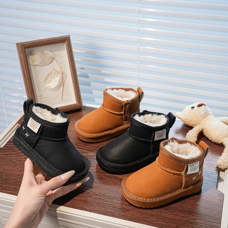 

Children Short Boot with Thick Fur Kids Ankle Boots Korean Style 2025 Winter New Boys Girls Leather Boots Children Thermal Boots