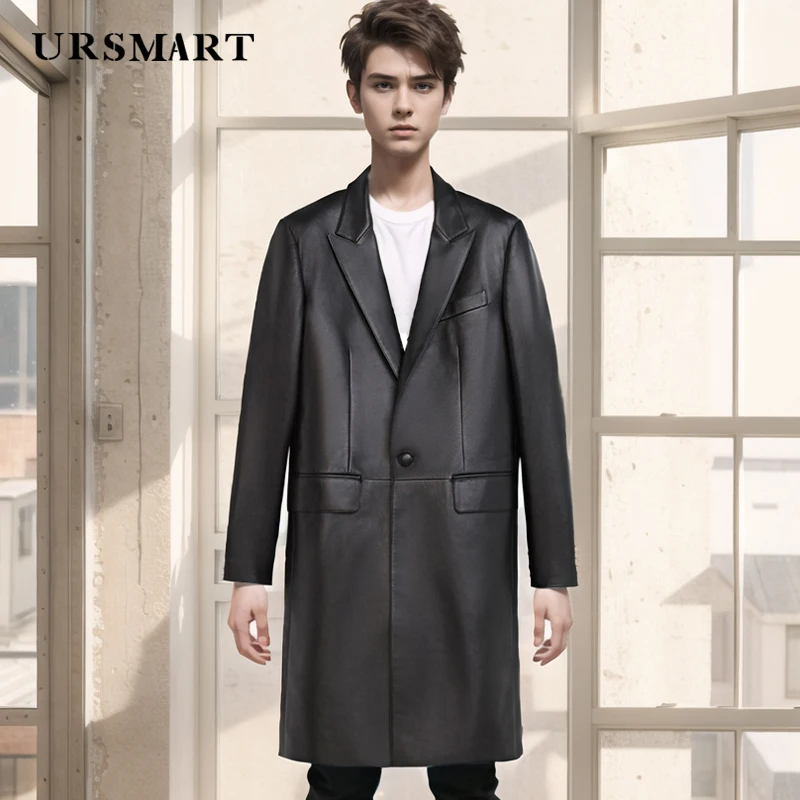 

Classic single breasted leather trench coat men's British fashion spring and autumn new custom black sheepskin coat for men