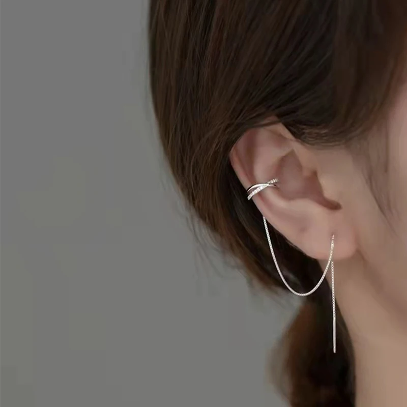 Irregular Geometric Rhinestone Ear Clip For Women Simple Silver Color Tassel Ear Wire Elegant Jewelry Fashion Accessories