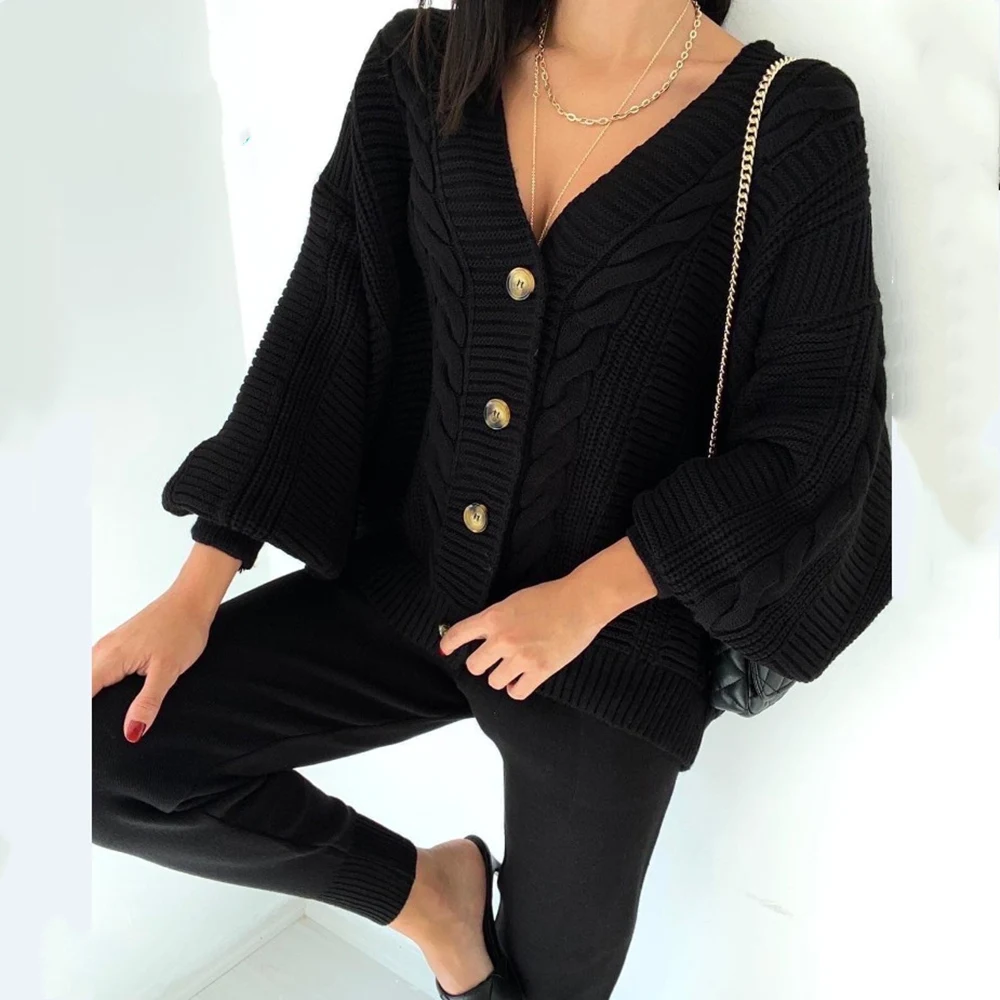 Women Knitting 2-pieces Sweater Suit Flower V-neck Single-Breasted Cardigan + Pants Lady Autumn Winter Sweater Set Femme