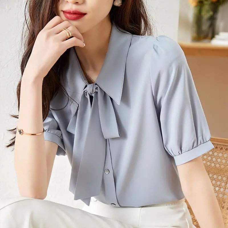 White Chiffon Bow Patchwork Blouse Summer New Short Sleeve Loose Solid Office Shirt Tops Elegant Fashion Casual Women Clothing