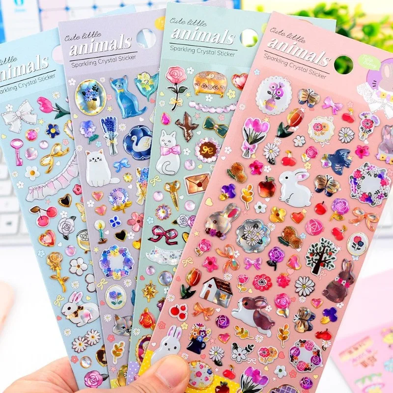 

Retro Cute Cartoon Animal 3D Crystal Stickers Shining Gem Relief Decals Stationery Phone Case Journal Scrapbook DIY Decoration