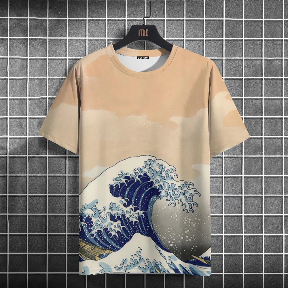 Fish Ocean View Sunraise Japanese Style Men T-Shirts Sublimation Big Size Animal Painting Casual Artist T shirts For Men