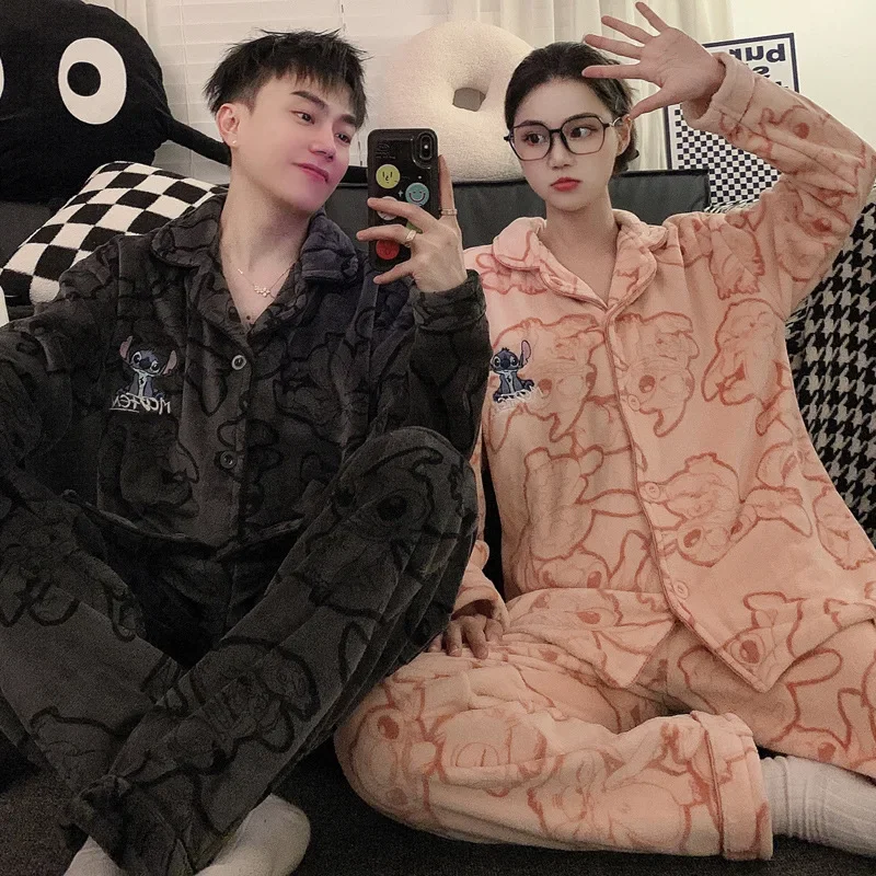 Stitch couple pajamas winter coral fleece cotton  two-piece suit couple suit cartoon Disney loungewear Stitch women's pajamas