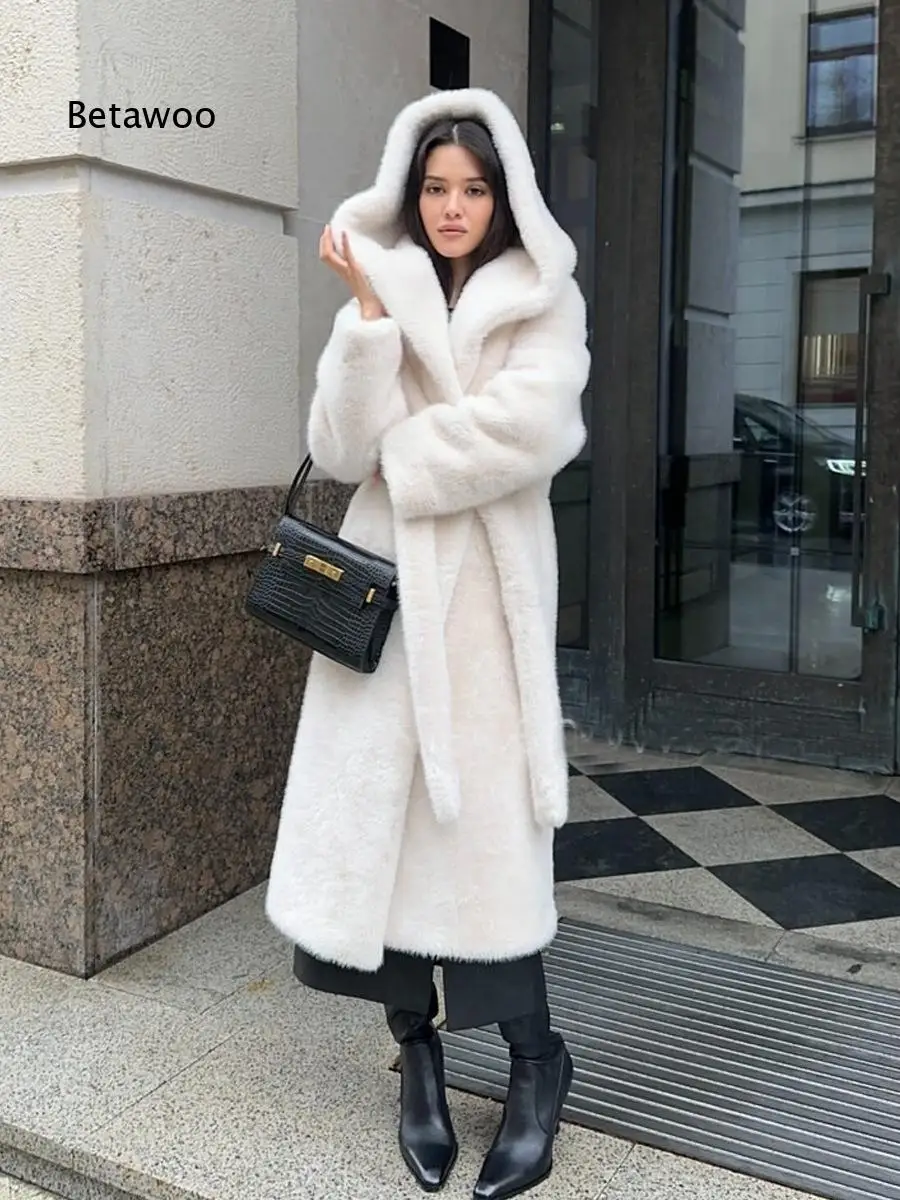 Women Long Hooded Faux Fur Coat Faux Mink Fur Plush Outerwear For Autumn Winter Daily Commute Travel And Cold Weather Outdoor Ac