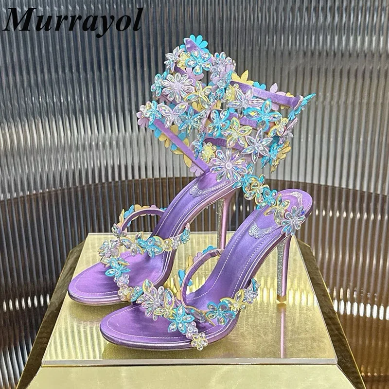 Sandalias Mujer Rhinestone Flower Decor Women Thin High Heels Elastic Strap Gladiator Sandals Summer Party Dress Fairy Shoes