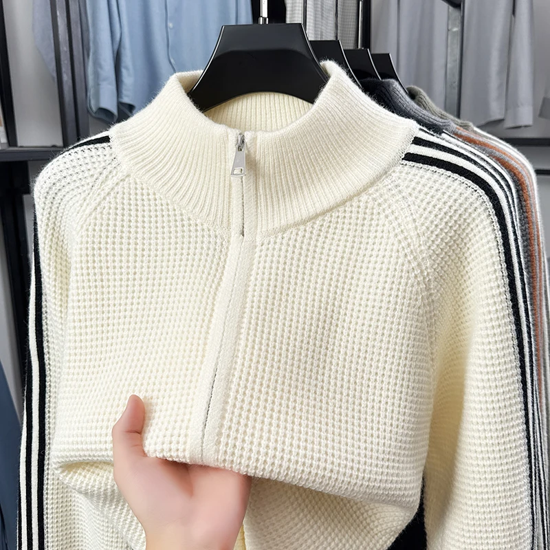 Modischer Herbst-Winter-Strick-Cardigan, Designer-Marke, Klassisches Gestreiftes Design, Herren-Reißverschluss-Stepphals, Neuer Koreanischer Lässiger Pullover-Mantel – Detail 16