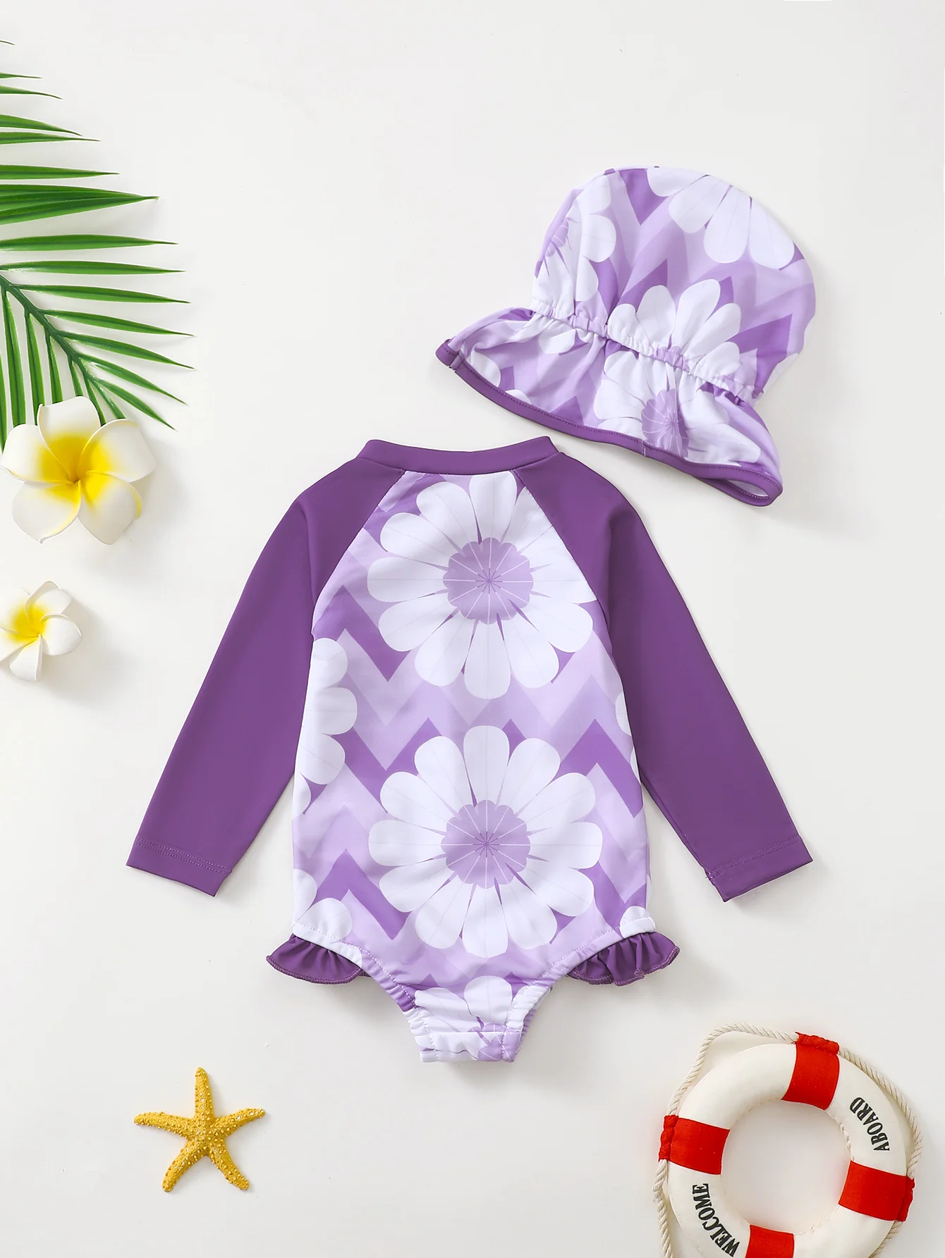 Summer Infant Girl Long Sleeve Triangle Swimsuit with Hat Toddler Swimwear Baby Girls Protective Clothing for Swimming
