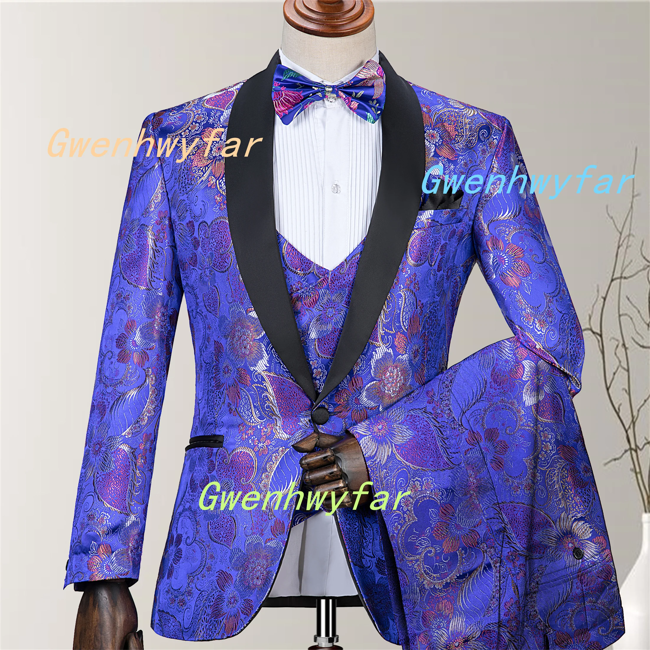 Gwenhwyfar Beautiful Ocean Algae Jacquard Suit in Royal Blue 2027 Shiny Brocade Wedding Groomsmen Tuxedos Jacket+Vest+Pants