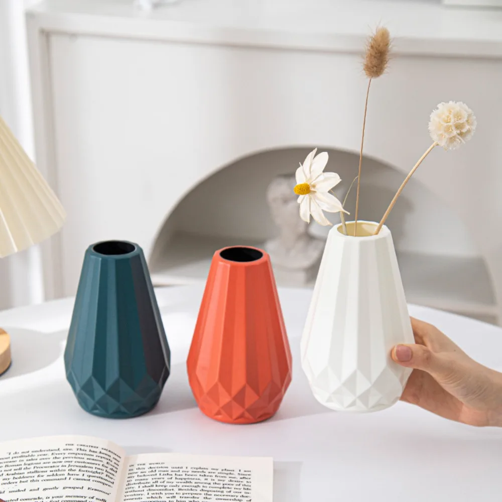 Plastic Flower Vase New Diamond Shaped Nordic Style Flower Pot Imitation Ceramic Modern Flower Arrangement Living Room