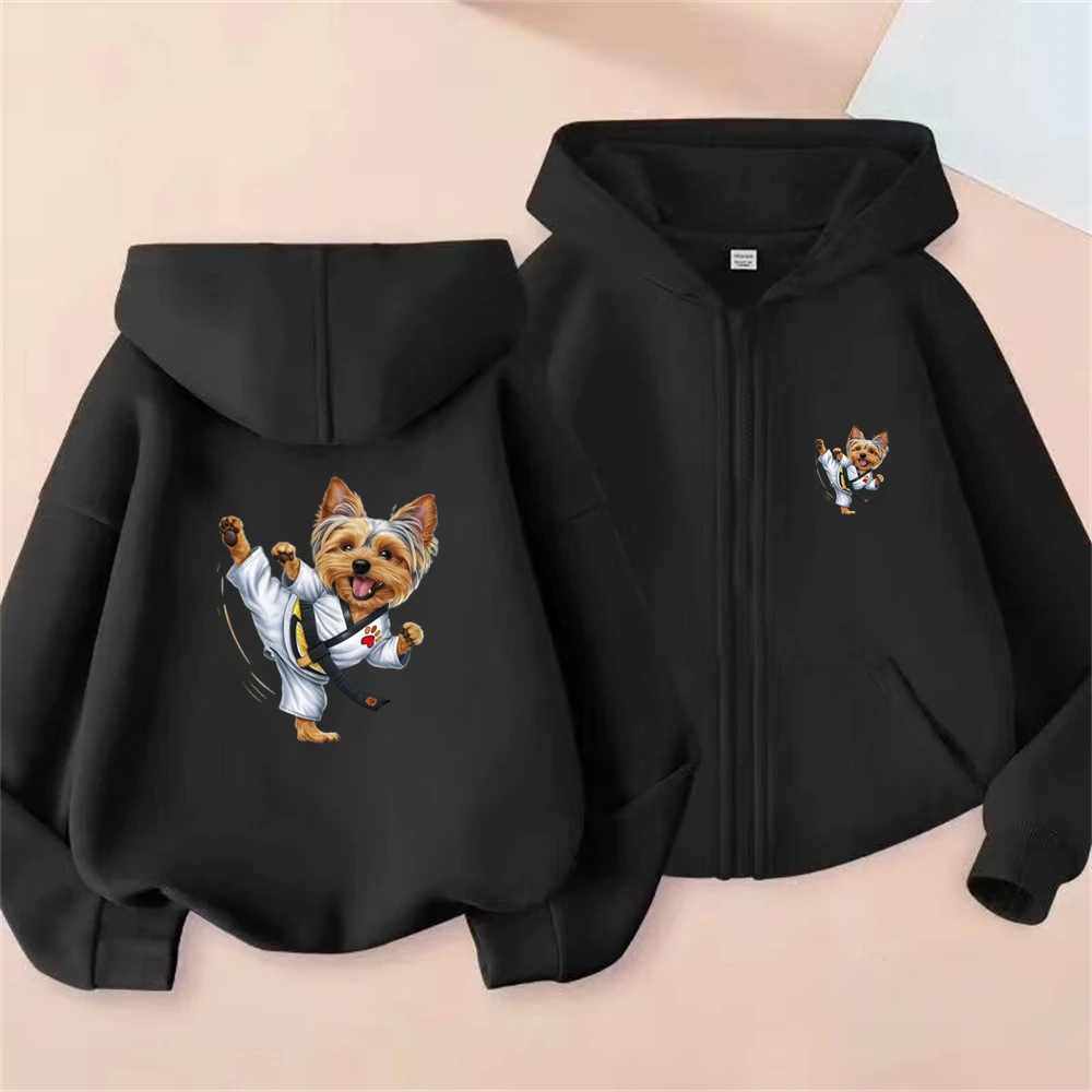 Yorkshire Terrier Martial Arts Print Zipper cardigan boy tops Children Coat Hoodies garment Girls Hoodie black autumn clothing