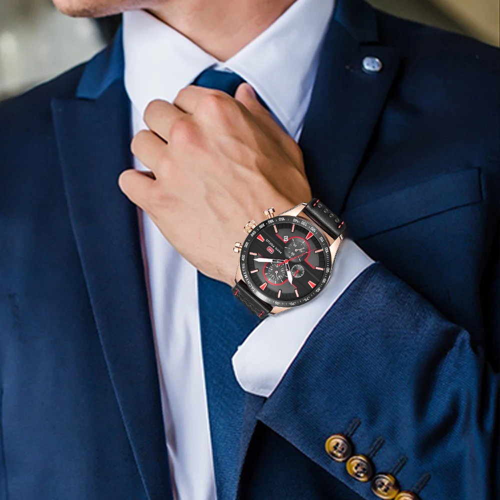 MINI FOCUS MF0002G Fashion Men Wrist Chronograph Watch Quartz Date Clock Luxury Leather Waterproof Sports Watches