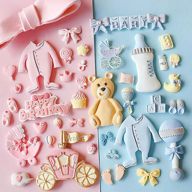 VERIDIAN Baby Series Baking Silicone Molds Cartoon Stroller Baby Bottle Foot Carriage Pacifier Rattle Silicone Fondant Cake Mold