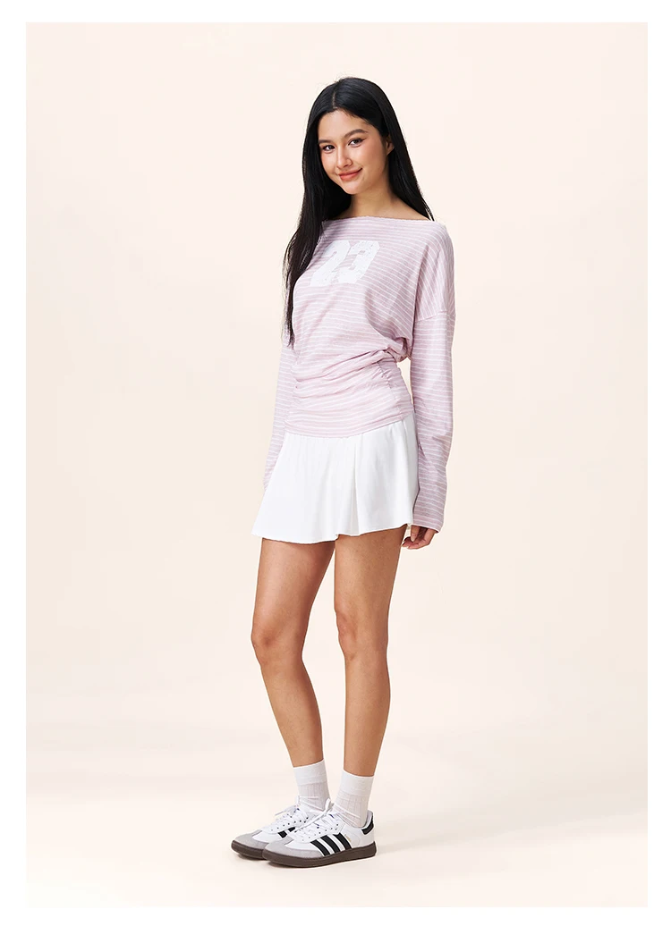 YESCCI Print Long Sleeve T Shirts Woman 2026 Autumn New Off Shoulder Lace Trim Women Top Loose Fit Casual Striped Tee S563210 84 Sc3d17f02156940398e62edb47155a702j