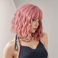 14inch Women Pink Water Ripple Neat Bangs Synthetic Wig for Each Scenes Wearable Use