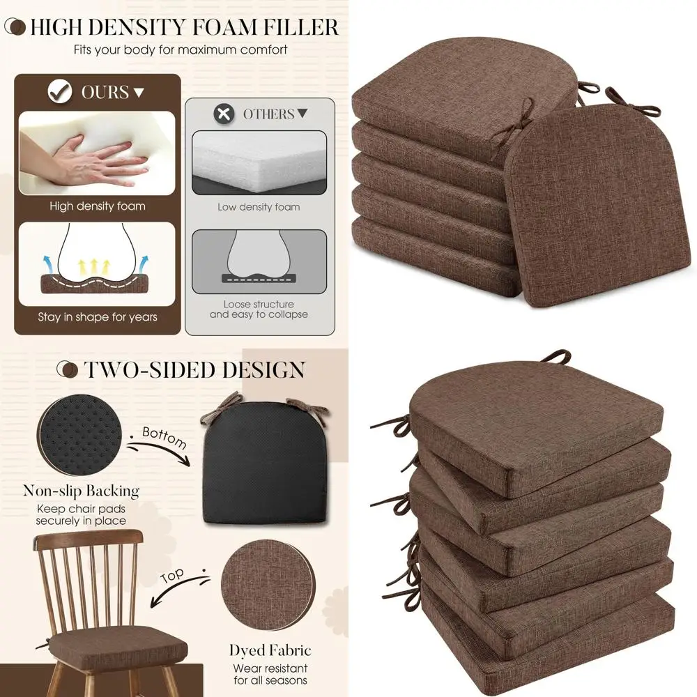 

6-Pack Dining Chair Cushions, 16x16 Kitchen Seat Pads with Ties, Non-Slip Backing, Brown