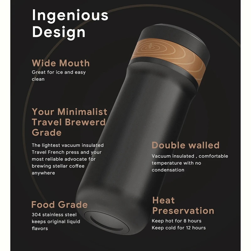 2 in 1 Portable 320Ml Coffee Pot French Coffee Maker Stainless Steel Chilled Insulated 8H Travel Mug With Filter-AT35