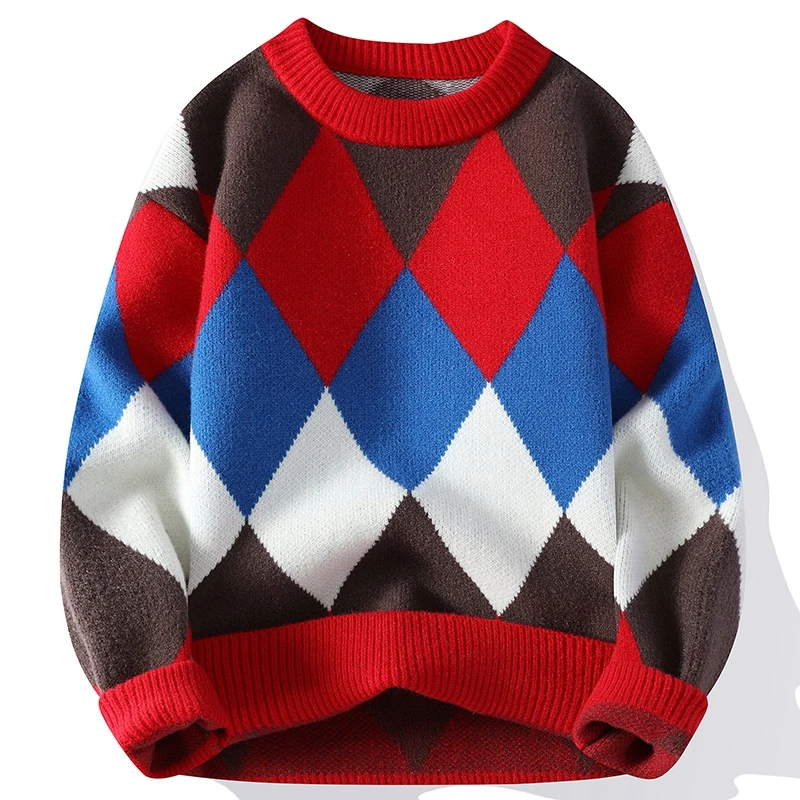 New Fall Winter Men Harajuku Exercise Style Wool Sweater Top Quality Fashion Men\'s Knit Pullovers Soft Warm Male Argyle Sweaters