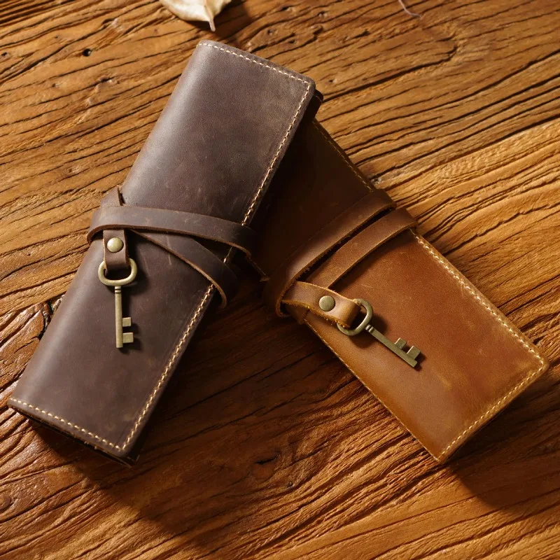 

1PCS Retro Cowhide Pencil Case Triple Folding Pen Holder Roller Shutter Stationery Bag Handmade Multi-functional Leather Pencil