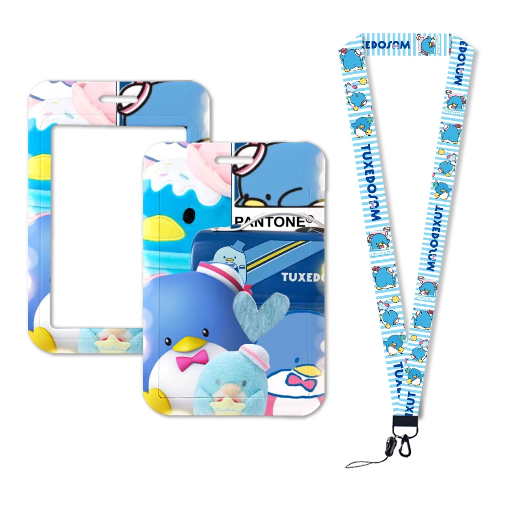 سانريو سام البطريق سهرة سام الرقبة حزام البوليستر القرطاسية حامل بطاقات التعريف الشخصية سلسلة مفاتيح قصيرة ID شارة حامل شنق حبل كيرينغ