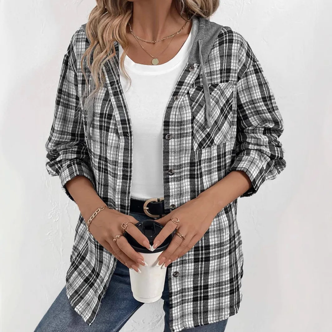 Women's Hooded Sweatshirts New Spring Fashion Plaid Long Sleeve Blouses Loose Coat Casual Shirts Women Streetwear Tops Clothing