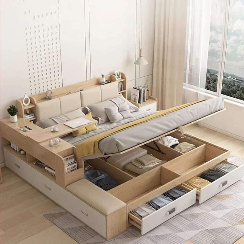 

Elegant House Storage Double Bed Frame Simple Organizer Villa Loft Queen Bed Headboards Adults Cama Bedroom Set Furniture