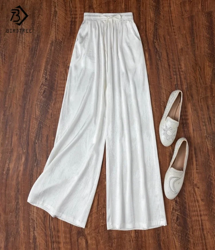 

Летние брюки Birdtree, 21 мм, 93% шелк, 7% спандекс, женские атласные широкие брюки Sangpu с эластичной резинкой на талии, новинка 2025 года P55740JF