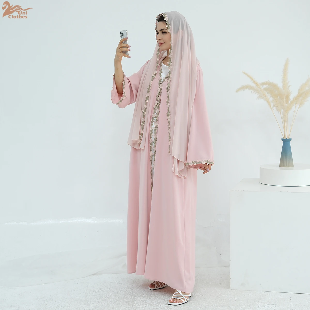 2025 ropa islámica cárdigan para mujer bata Abaya conjunto de 2 piezas Nida verano bordado de flores Abaya vestido musulmán para mujer con Hijab