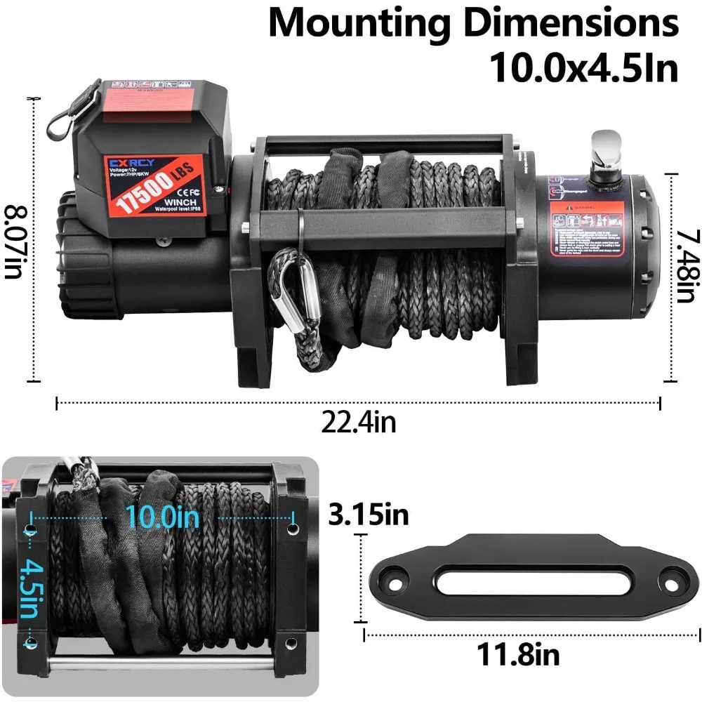 12V Electric Winch,17500LBS Load Capacity Synthetic Rope Towing Winches for Jeep Truck SUV,with Wired Handle and Wireless Remote