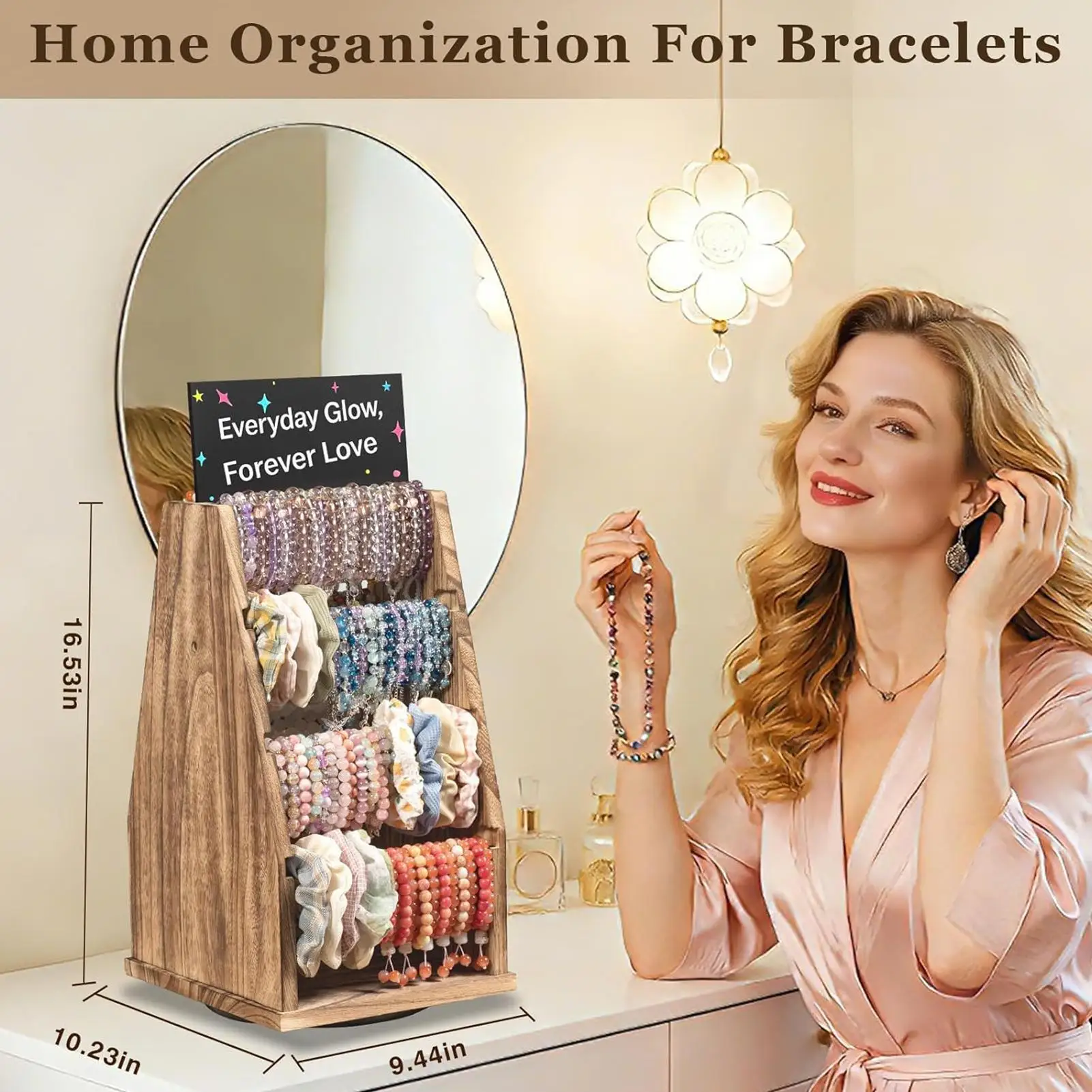 Bracelet Display Double-Sided Rotating 4 Tiers Organizer Stand Wooden Jewelry Holder With Chalkboard For Home Vanity Dresser