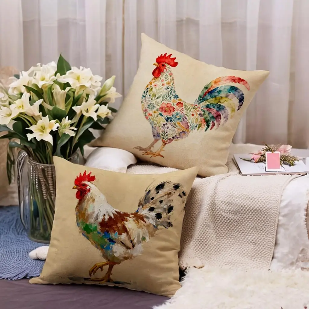 Decorative Farmhouse Rooster Painting Throw Pillow Covers 4 Piece Set Cottage Style Accent Cushions Living Room Artwork Decor Ho