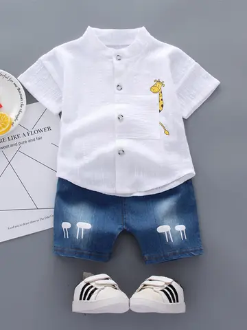 New Summer  Hot Sale Toddler Kids Baby Boys Shirt Cartoon Tops Denim Shorts Pants Outfits Set Baby Clothes
