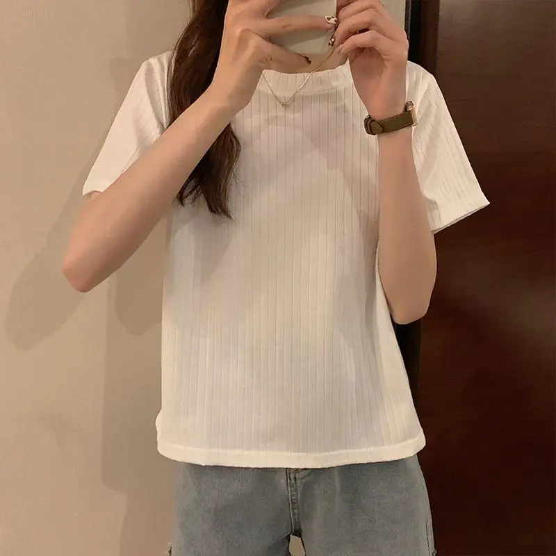 Sommerliche, dünne Kurzarm-T-Shirts für Damen, koreanischer Stil, vielseitig kombinierbar, gestreift, aus Eisseide, O-Ausschnitt, einfarbig, Basic-Kleidung, T-Shirts