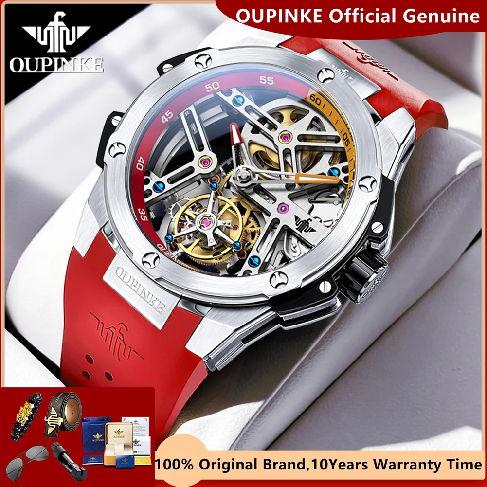 OUPINKE Tourbillon Automatic Mechanical Watches for Men Silicone Strap Luxury Hollow Out Transparent Dial High Quality Man Watch