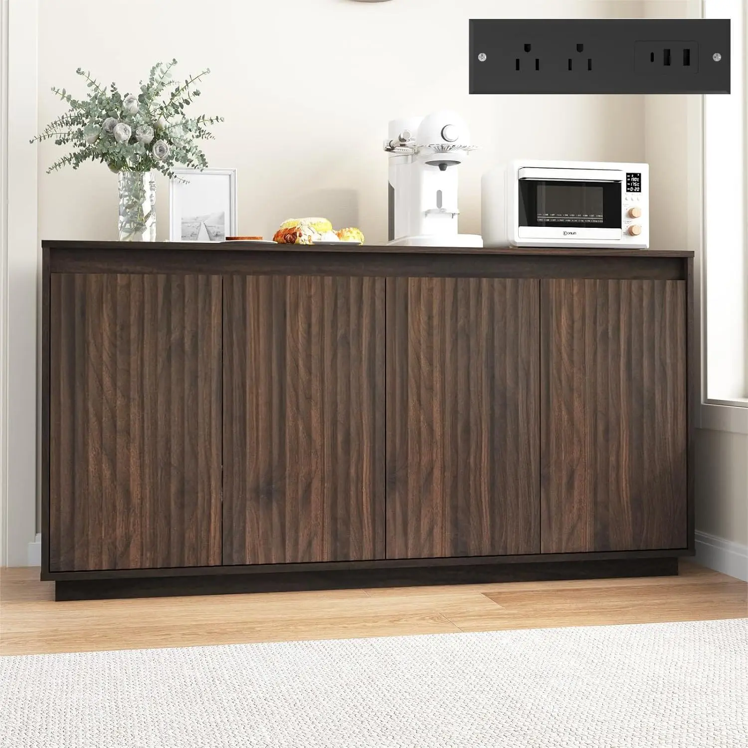 

Буфет-сервант с рифленой отделкой и местом для хранения, кухонный сервант из орехового дерева с дверцами и зарядной станцией, акцентный элемент декора, на заказ