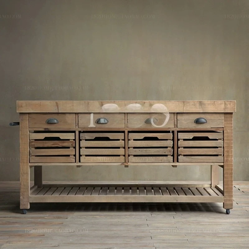 Country style solid wood cabinets, side cabinets, movable marble kitchen, mid-island console, cooking table